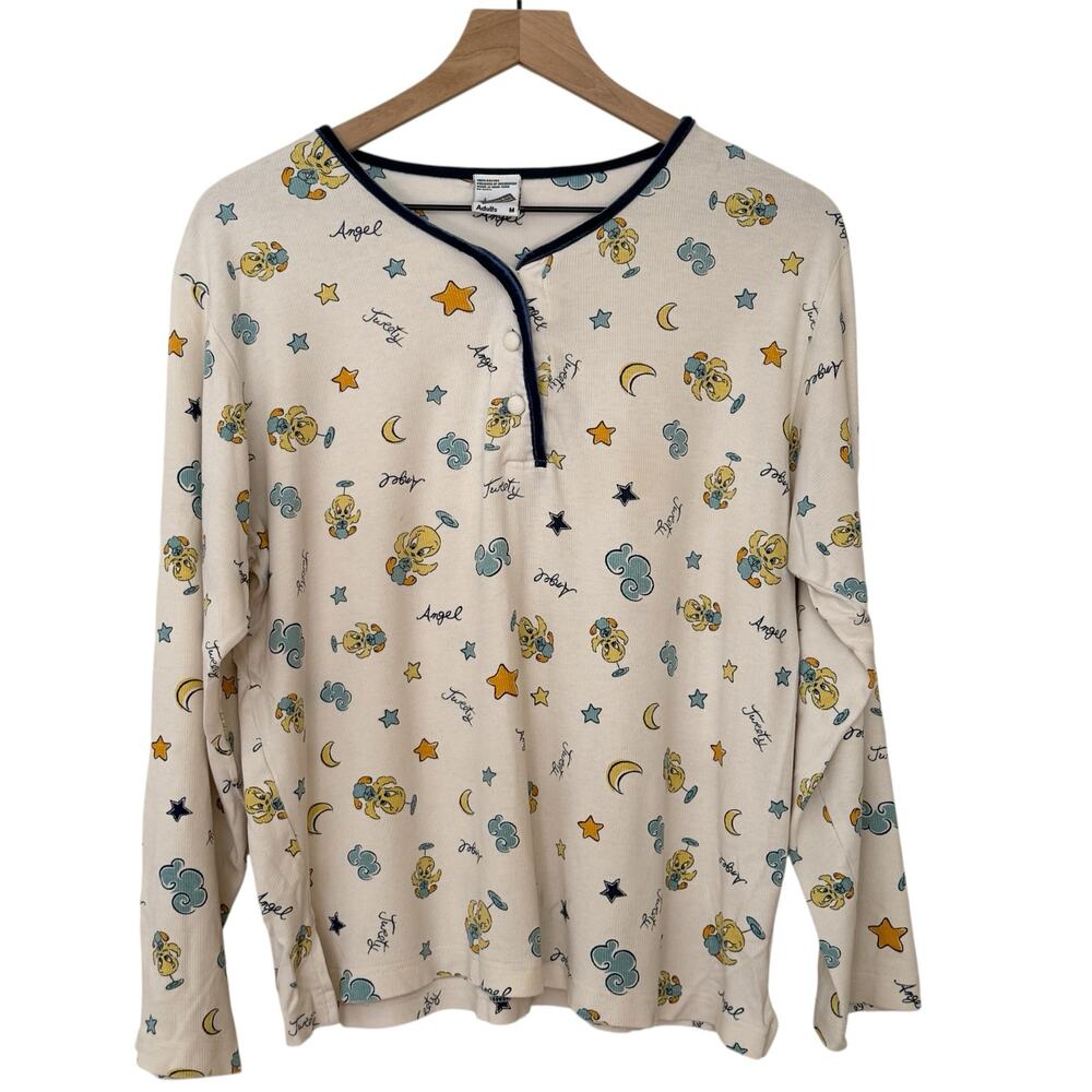 Vintage Warner Bros.Tweety Bird Pajama Top M Looney Tunes 90s Y2K Sleep Henleyâ